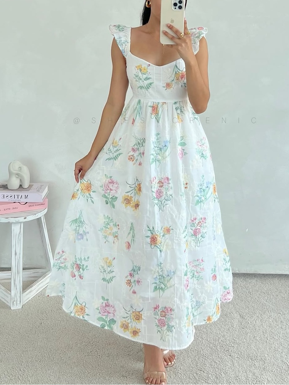 By the river Floral Embroidered White Maxi Dress with Ruffle Sleeves